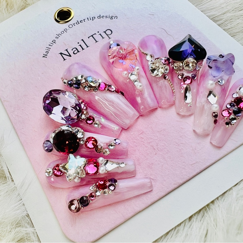 Custom Swarovski Crystal Press-On Nails | Unique One-of-a-Kind Design Fake Nails